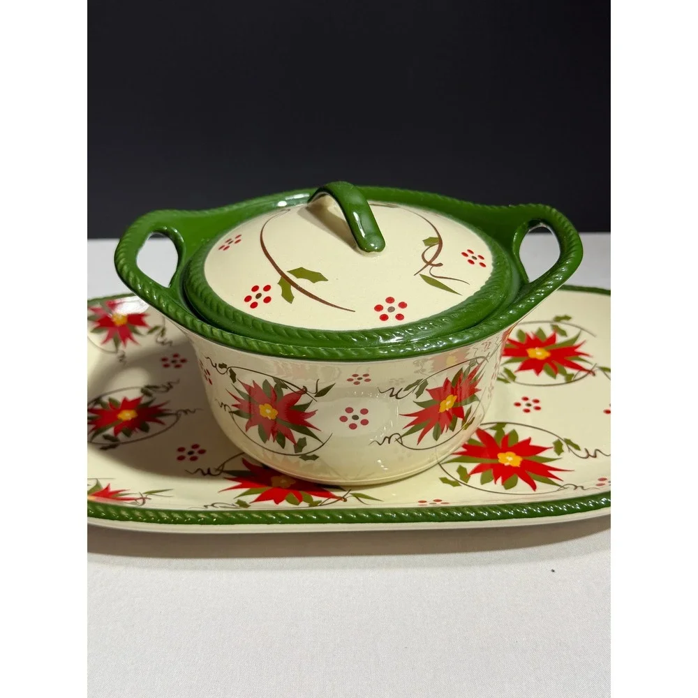Temp-tations by Tara Seasonal Poinsettia Stoneware Soup Tureen and Tray Set